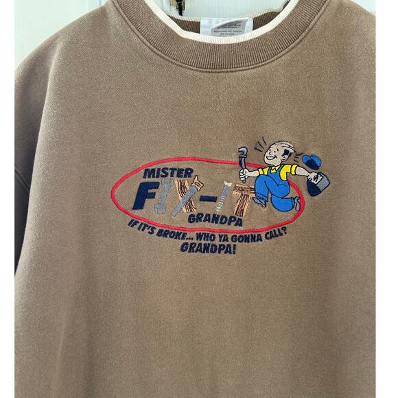 Vintage 90s Mr. Fix It Grandpa Tan Brown Crewneck Long Sleeve Sweatshirt - Picture 3 of 6